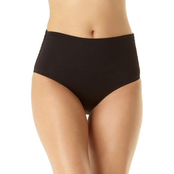 Anne Cole Convertible Hi Waist Shirred Swim Bottom Black Wear 3 Ways 22W NWT $64 - Picture 1 of 2
